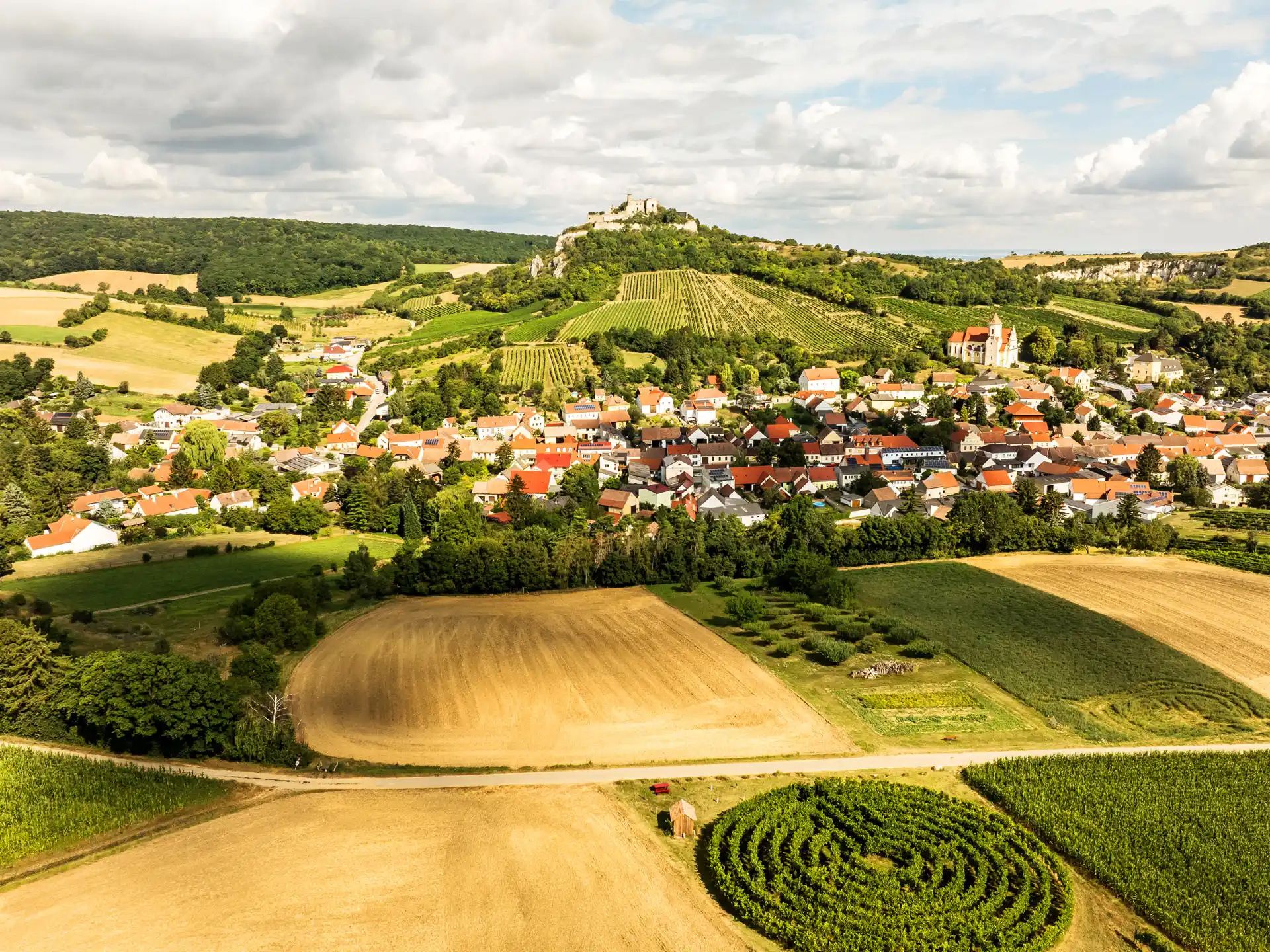 Luftaufnahme von Falkenstein mit Feldern, Weinbergen und einer Burg auf einem Hügel.