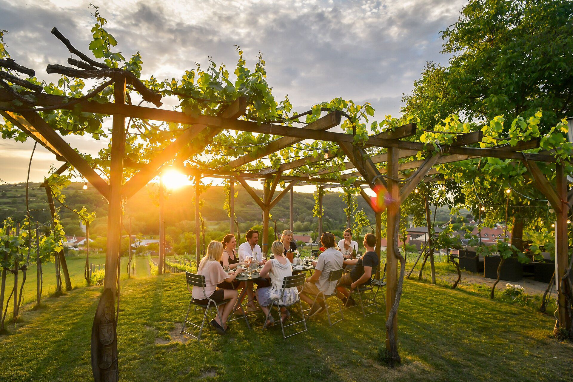 Unter einem schattenspendenden Pergola genießen Gäste die warmen Strahlen der Abendsonne, während sie sich um einen Tisch versammeln, der mit köstlichen Speisen und erlesenen Weinen gedeckt ist. Die sanfte Hügellandschaft im Hintergrund und die üppigen Weinreben schaffen eine einladende Atmosphäre, die zum Verweilen einlädt.