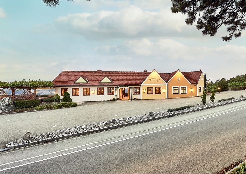 Außenansicht eines Weinguts mit gelbem Gebäude und rotem Dach, umgeben von Weinreben und einer Straße im Vordergrund.