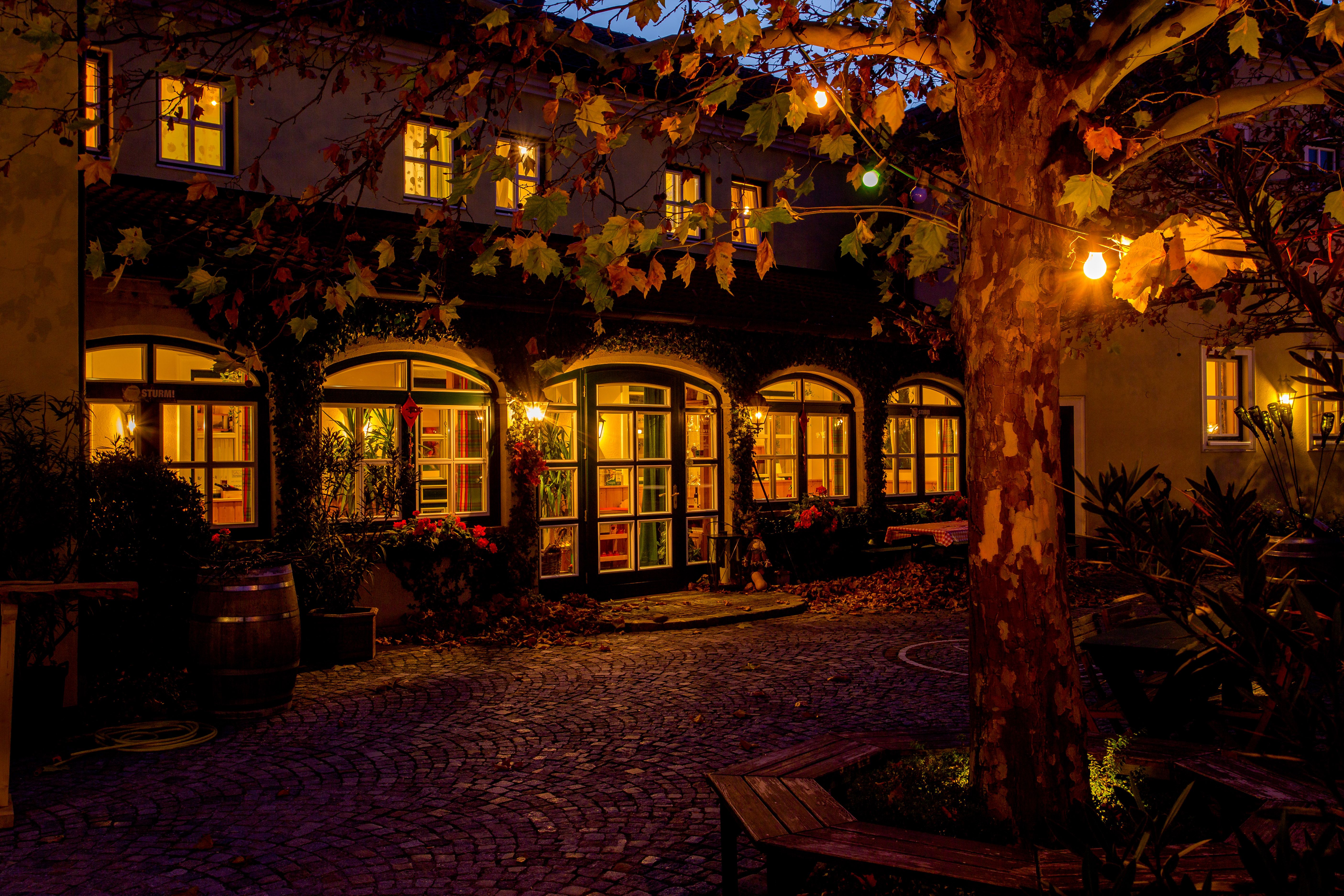 Gemütlicher Innenhof eines Gebäudes bei Nacht, beleuchtet von warmem Licht und umgeben von herbstlichen Bäumen.